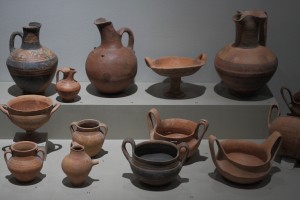 Vases of clay, grave offerings from the tholos tomb in Pherai, 1000-800 BC.
